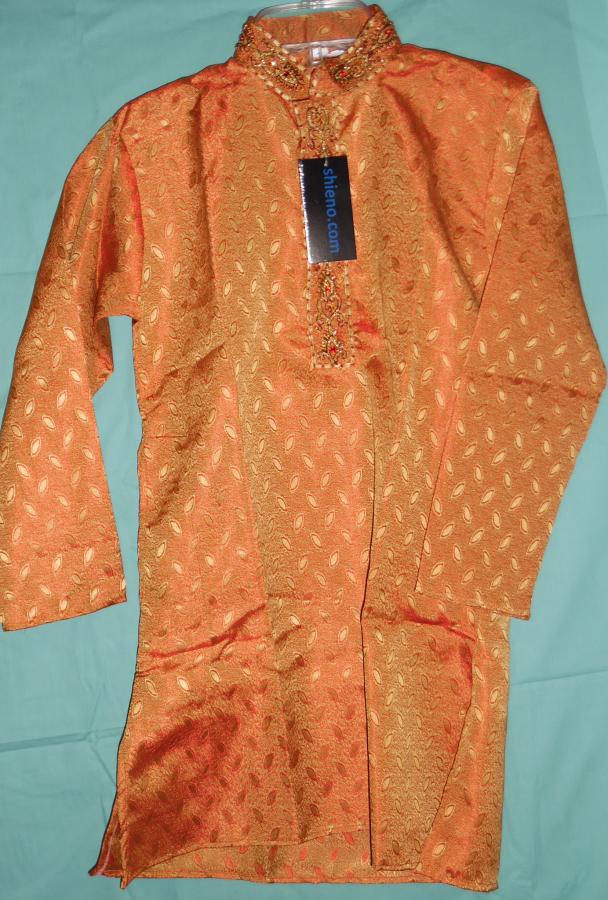 Boy’s Kurta in Festive Orange Brocade w/ Pajama & Scarf 1 to 3 Years #5311