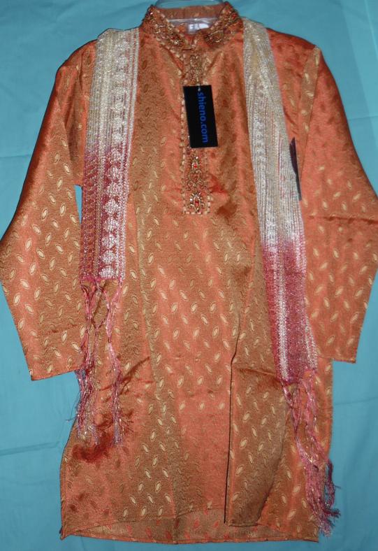 Boy’s Kurta in Festive Orange Brocade w/ Pajama & Scarf 1 to 3 Years Boy’s Kurta in Festive Orange Brocade w/ Pajama & Scarf 1 to 3 Years