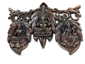 Black Metal Antique Wall Hanging of Lakshmi, Ganeshji n Saraswatiji -17"