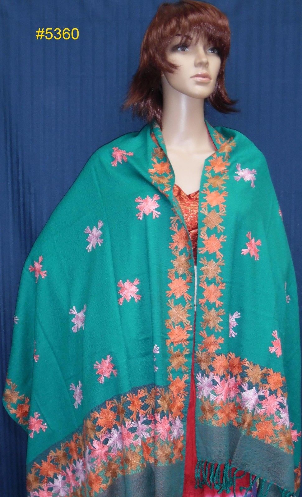 Green Jacquard  & Embroidered Pashmina Angora Kashmiri Winter Shawl #5360