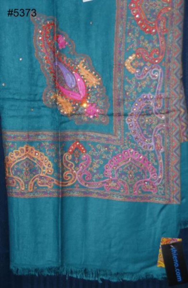 Pashmina Angora Kashmiri Shawl in Turquoise w/ Print for Winter #5373 Pashmina Angora Kashmiri Shawl in Turquoise w/ Print for Winter #5373