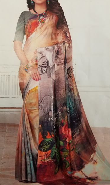 Fancy Party Wear Gray Crepe Digital Printed Saree 