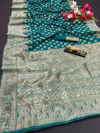 Party Wear Saree Green Banarsi Silk Finish Kanjiviram Shieno Saree #5481891