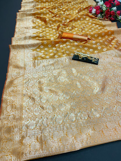 Silk Saree - Mustard Banarsi Silk Finish Kanjiviram Saris Shieno Sarees Silk Saree - Mustard Banarsi Silk Finish Kanjiviram Saris Shieno Sarees