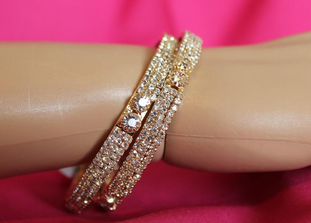 Golden Bangle Kada / Indian Bracelet w/ Stone Work - 2 Pcs Golden Bangle Kada / Indian Bracelet w/ Stone Work - 2 Pcs
