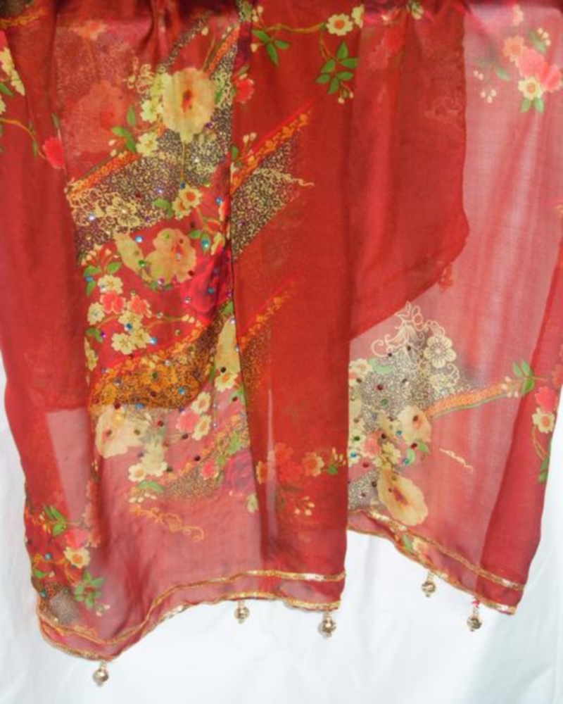 Red Chiffon Printed Stone Work Dupatta Scarf Chunni
