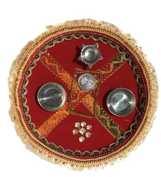 Red Aarti Thali w/ Decorative Orange Cross Design - 9.5"