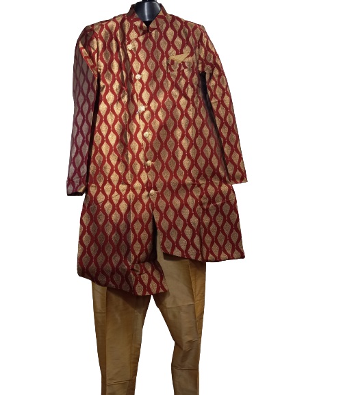 Traditional Party Wear Indian Sherwani for Men - Red w/ Gold Waves (S-3XL) Traditional Party Wear Indian Sherwani for Men - Red w/ Gold Waves (S-3XL)