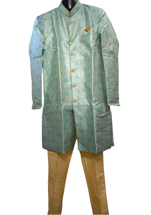 Traditional Indian Sherwani for Men - Light Blue With Golden (S to 3XL) Traditional Indian Sherwani for Men - Light Blue With Golden (S to 3XL)