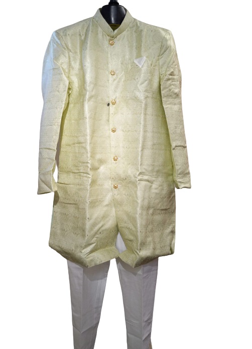 Traditional Indian Design Sherwani for Men - Cream W/White Pajama (S - 3XL) Traditional Indian Design Sherwani for Men - Cream W/White Pajama (S - 3XL)