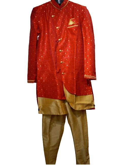 Traditional Indian Sherwani for Men - Red w/ Gold Dots Pattern (S to 3XL) Traditional Indian Sherwani for Men - Red w/ Gold Dots Pattern (S to 3XL)