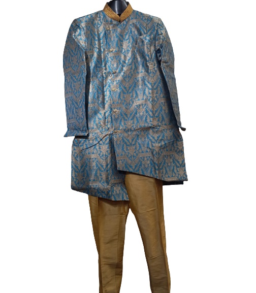 Traditional Indian Sherwani for Men - Blue Golden Self Design (S to 3XL) Traditional Indian Sherwani for Men - Blue Golden Self Design (S to 3XL)