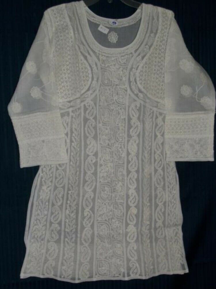 Blouse White Cotton Hand Embroidered Tunic Kurti Medium Size #057