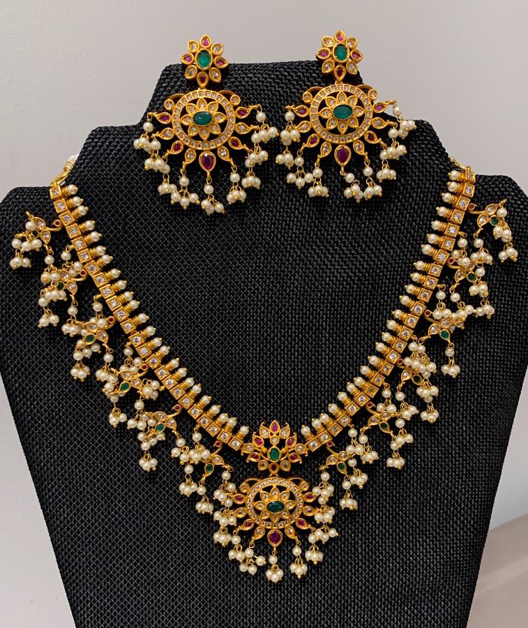 Very Grand Antique One Gram Gold Plated GuttaPulusu Short Haaram & Earrings Very Grand Antique One Gram Gold Plated GuttaPulusu Short Haaram & Earrings