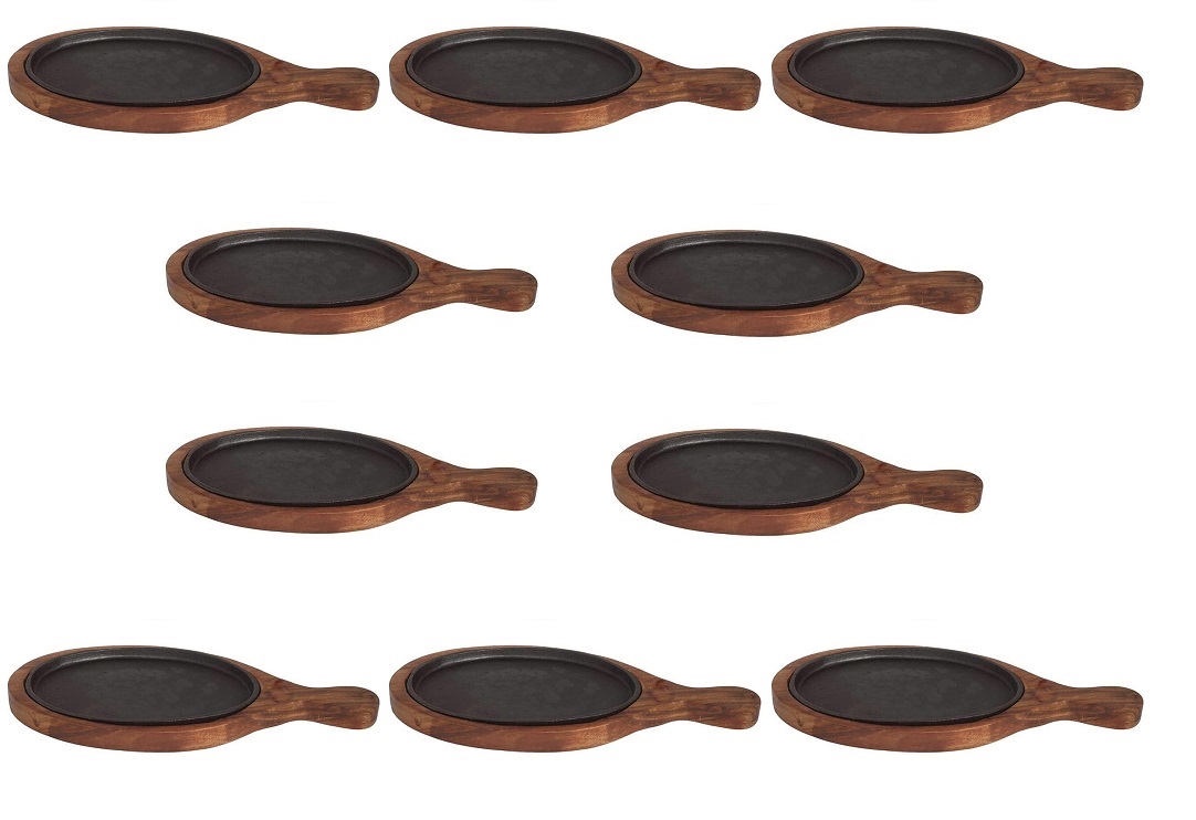 10 Pcs Cast Iron Racket style Sizzler Plates with Wooden base 10 Pcs Cast Iron Racket style Sizzler Plates with Wooden base