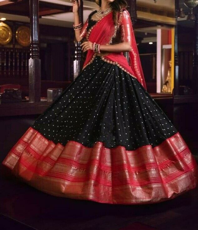 Silk Lehenga Choli in Black Red - Silk Banarsi Lehenga Choli Set #5801185