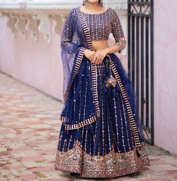 Exquisite Blue Georgette Lehenga Choli Set w/ Large Size Choli Exquisite Blue Georgette Lehenga Choli Set w/ Large Size Choli