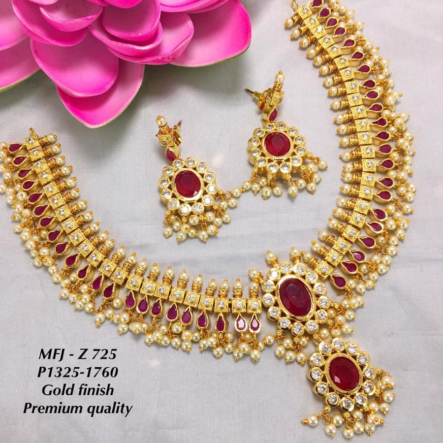 Grand Gold Polished Guttapusalu SHort Floral Necklace with Earrings- Ruby S Grand Gold Polished Guttapusalu SHort Floral Necklace with Earrings- Ruby S