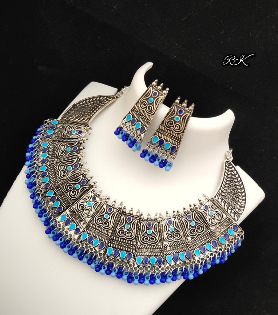 Grand Oxidised Ghungroo necklace in Light and Dark Blue!!!