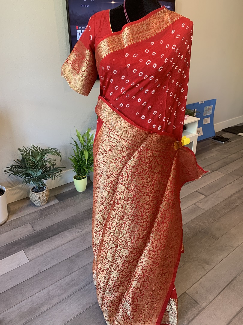 Bandhini Mixed Silk Saree in monochrome with stitched blouse Bandhini Mixed Silk Saree in monochrome with stitched blouse