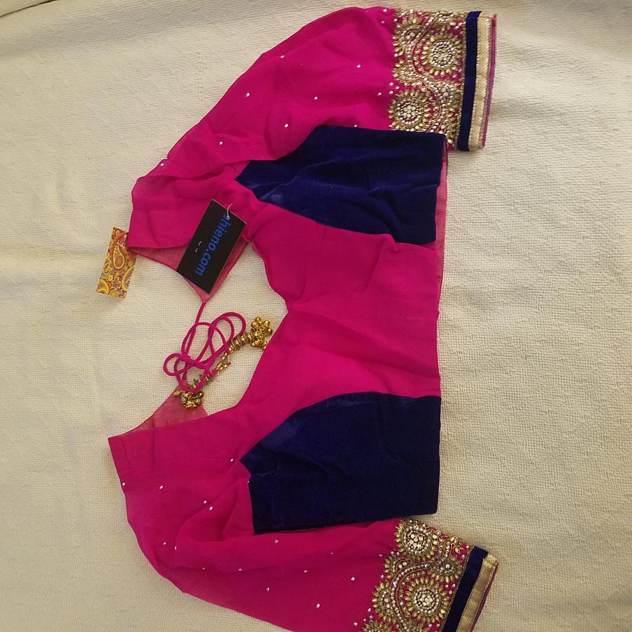 Designer Saree Blouse in Pink Georgette Blue Velvet #5904