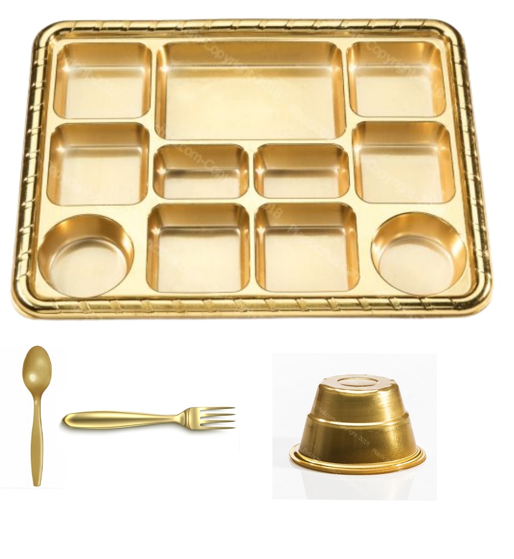 11 Compartment Disposable Gold Plates Thali - 100 Pack w/ Bowls/Spoon/Fork 11 Compartment Disposable Gold Plates Thali - 100 Pack w/ Bowls/Spoon/Fork
