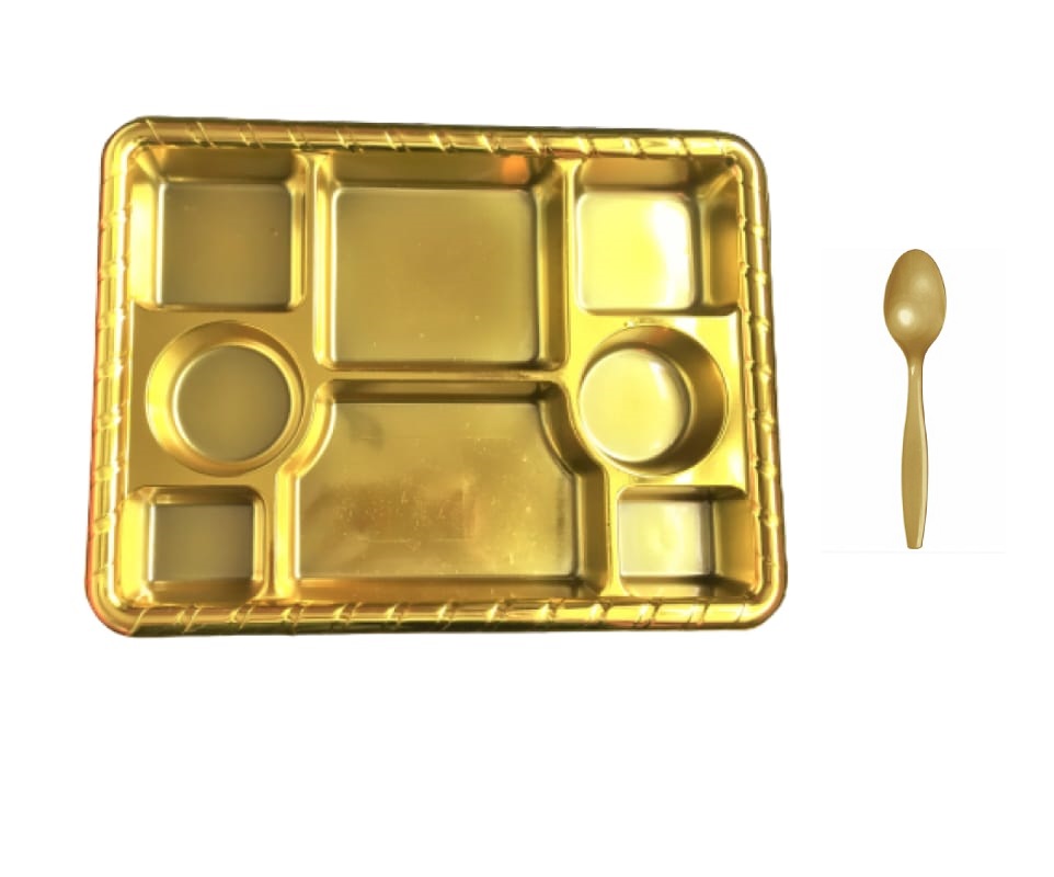 8 Compartment Disposable Gold Plates - Indian Thali Plastic Tray - 200 w/ Spoon 8 Compartment Disposable Gold Plates - Indian Thali Plastic Tray - 200 w/ Spoon