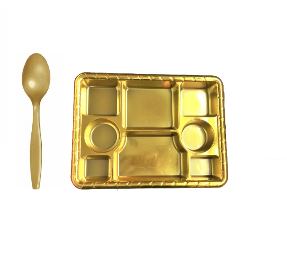 8 Compartment Disposable Gold Plates - Indian Thali Plastic Tray - 100 w/ Spoon 8 Compartment Disposable Gold Plates - Indian Thali Plastic Tray - 100 w/ Spoon