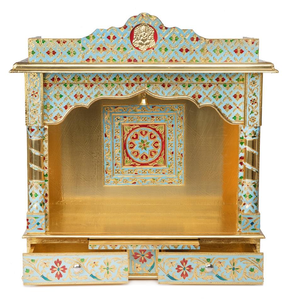 Meenakari Puja Mandir - Wooden Hindu Temple  22"  Mandir with Doors 