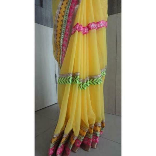 Bollywood Style Saree, Designer Chiffon Yellow Party Wear Saree Bollywood Style Saree, Designer Chiffon Yellow Party Wear Saree