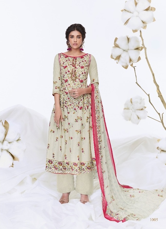 Cream Pure Cotton Printed Embroidered Plazzo Suit (Unstitched) 35179