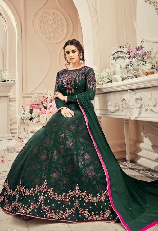 Bollywood Style Green Anarkali Suit Heavy Embroidery Work (Semi Stitched)
