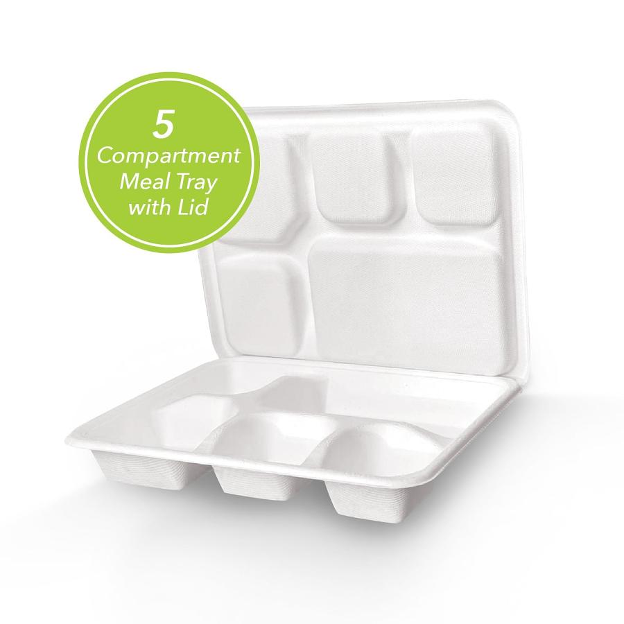 Biodegradable 5 Compartment Meal Tray With Lid Set, 200 Plates / Thali Biodegradable 5 Compartment Meal Tray With Lid Set, 200 Plates / Thali