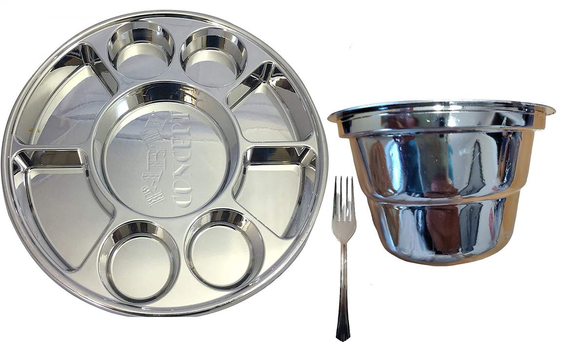 9 Compartment Disposable Silver Plates Thali for Indian Food - 200 Pcs w/ Fork & Bowls 9 Compartment Disposable Silver Plates Thali for Indian Food - 200 Pcs w/ Fork & Bowls