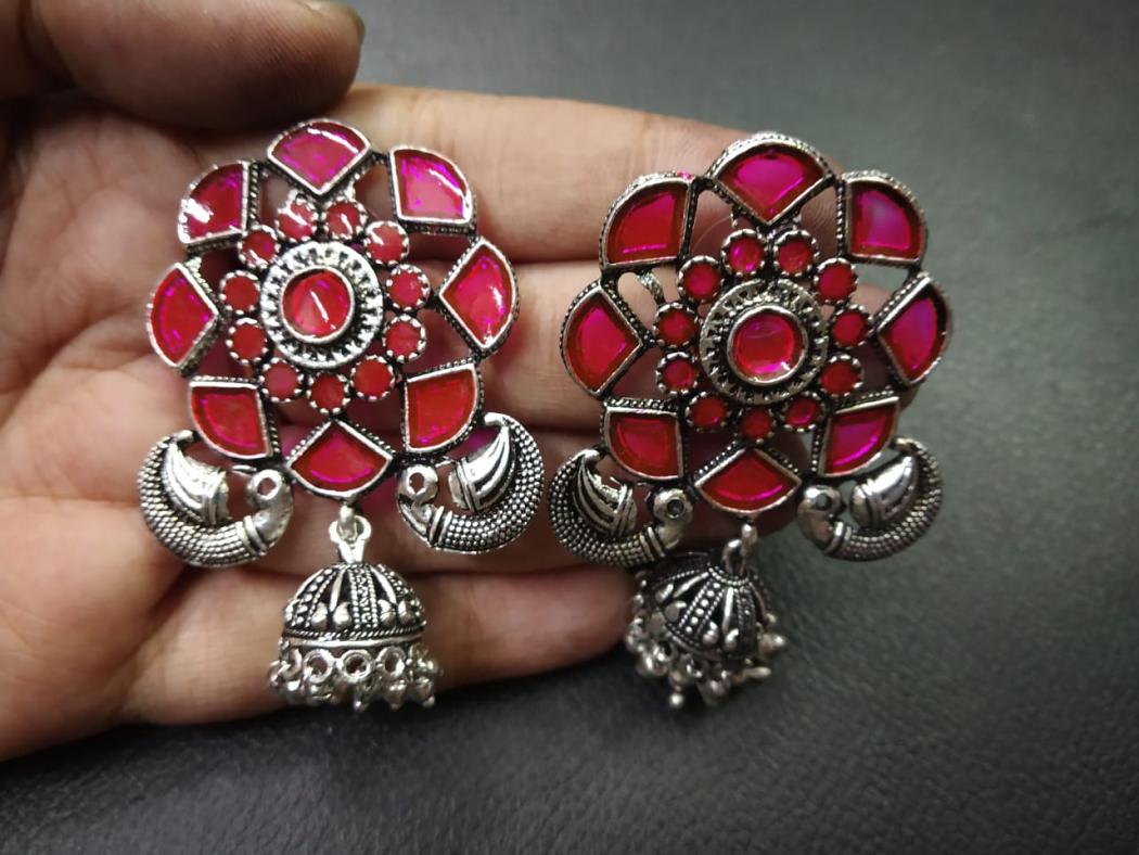 Beautiful Traditional Earring in Oxidized with Pink Flower Stone Beautiful Traditional Earring in Oxidized with Pink Flower Stone