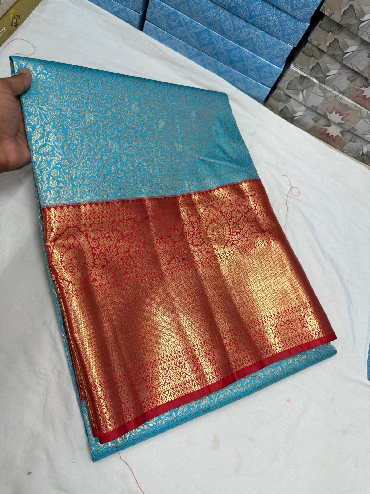 Sky Blue with Red Border Pattu Saree