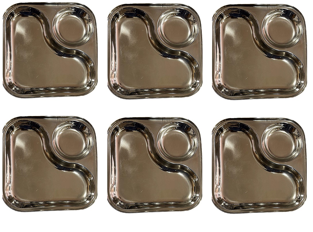 6 Pcs Stainless Steel Appetizer Snack Thali Plate w/ 2 Compartments 6 Pcs Stainless Steel Appetizer Snack Thali Plate w/ 2 Compartments