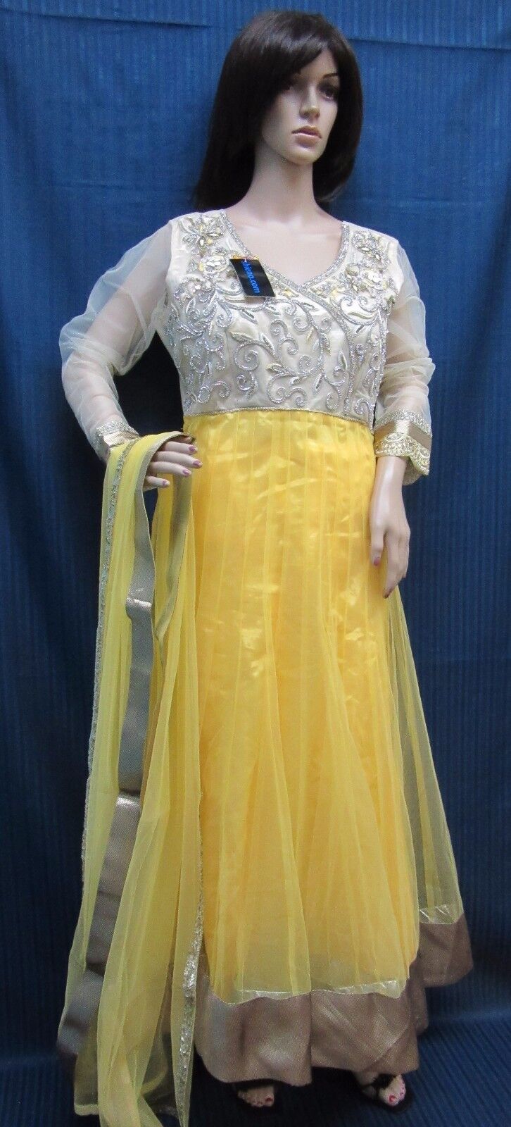 Gorgeous Long Flared Dress, Yellow Net Long Tunic Gold Detail Set (L) #6023