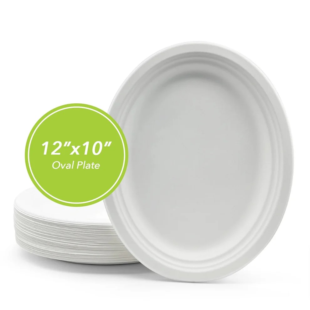 Three Leaf 12" X 10" Bagasse Oval Plate, 500 Ct, (10 Packs Of 50 )