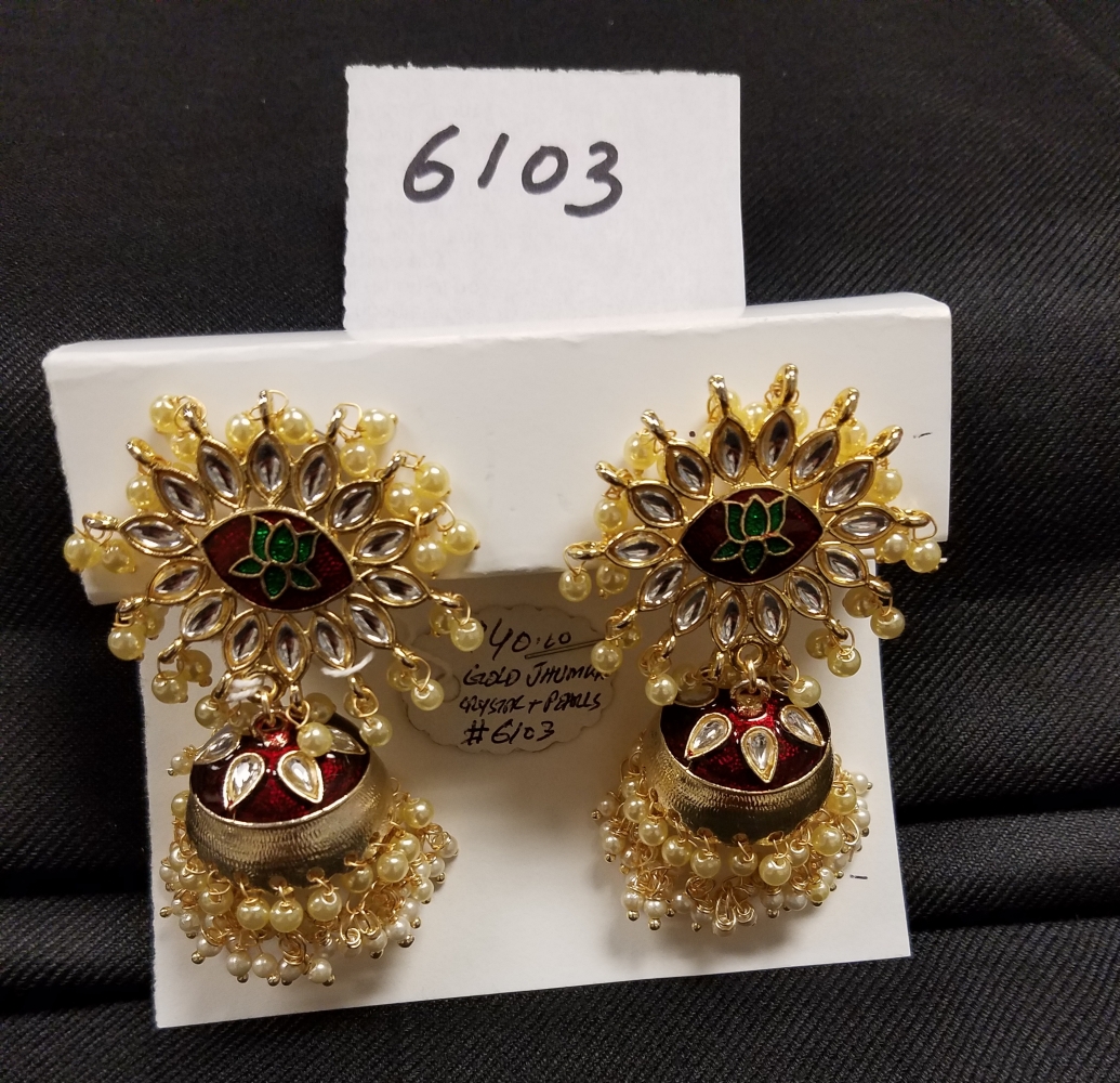 Earrings 6103 Golden Crystals Pearls Jhumka Earrings Pair Shieno Earrings 6103 Golden Crystals Pearls Jhumka Earrings Pair Shieno