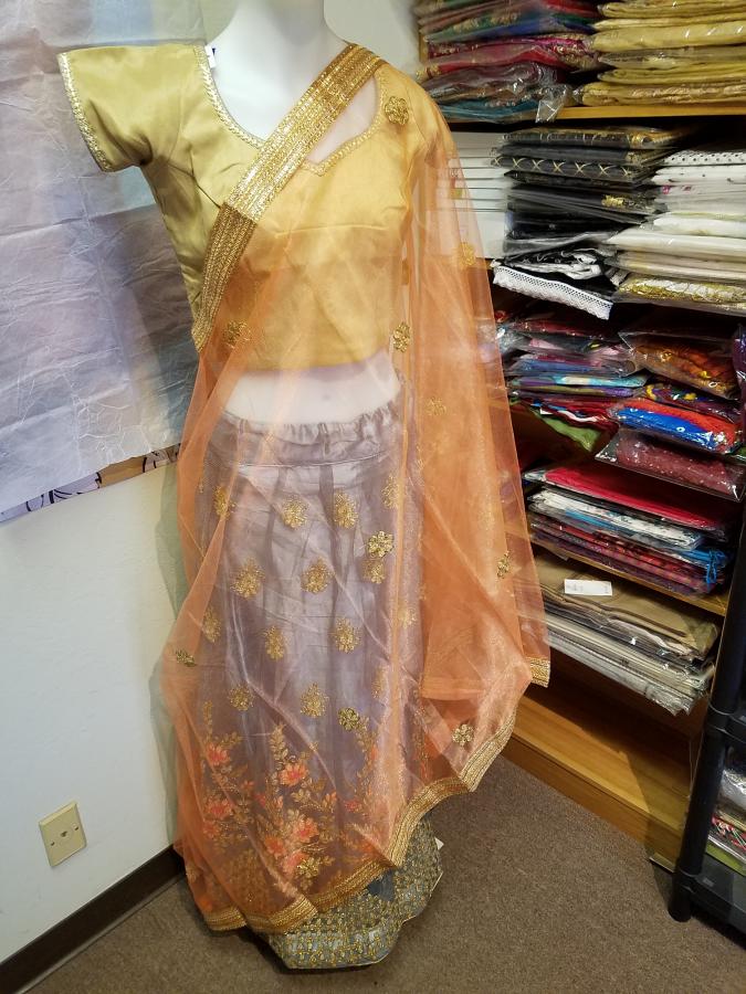Pretty Gray Net Gold Orange Party Wear Lehenga Choli Set (Medium)