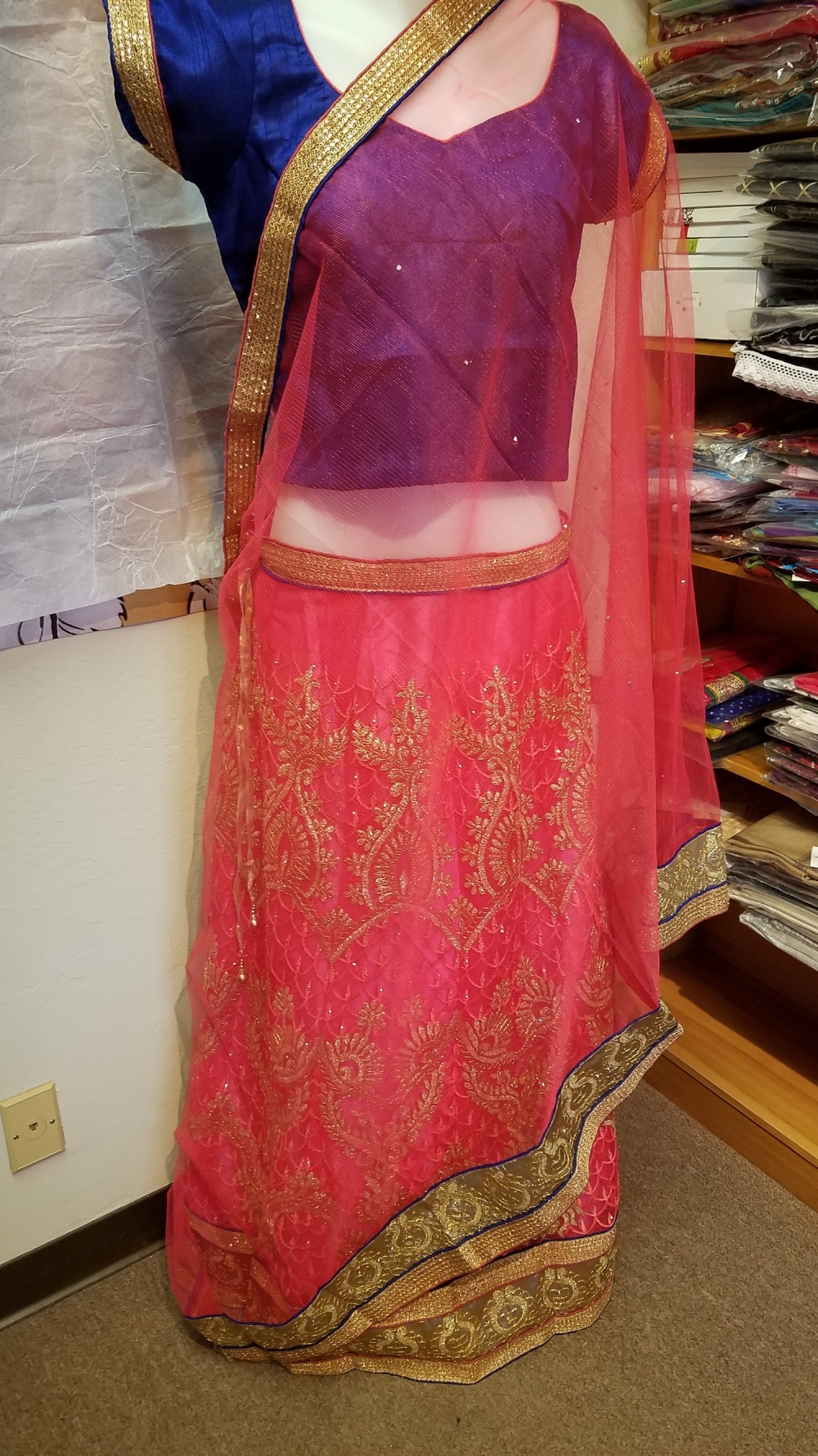 Pink Net Lehenga Choli Set w/ Golden Detail Party Wear (Medium)