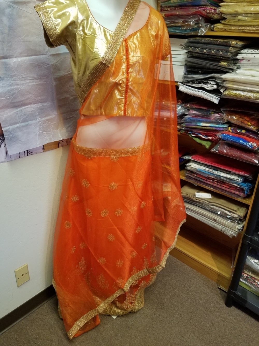 Festive Orange Net Gold Detail Party Wear Choli Lehenga Set (Medium)