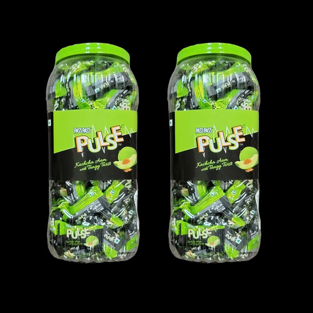 Pass Pass Pulse Kacha Aam Candy - 680g Jar x 2 Pack | Raw Mango Flavor with Tangy Spice | Indian Chatpata Toffee