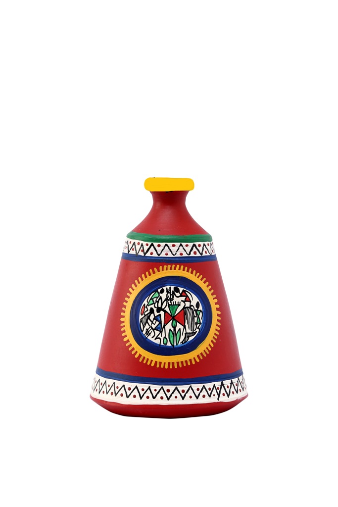 Bright Hand Painted Warli Earthen Vase 5"