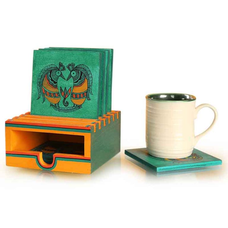 Madhubani Hand Painted Wood Tea Coaster Set