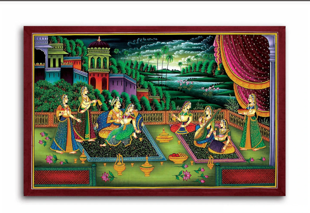 Traditional Rajasthani King With Queen In Garden Painting On Canvas Traditional Rajasthani King With Queen In Garden Painting On Canvas