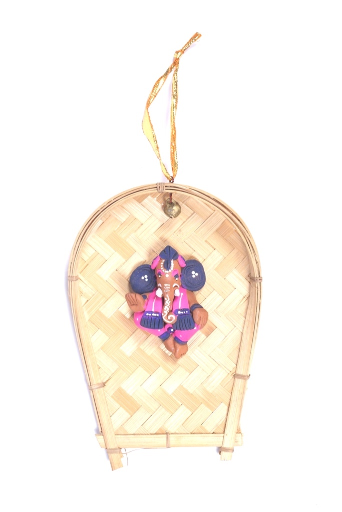 Handcrafted Cute Terracotta Ganesha Bamboo Wall Hangings Pink