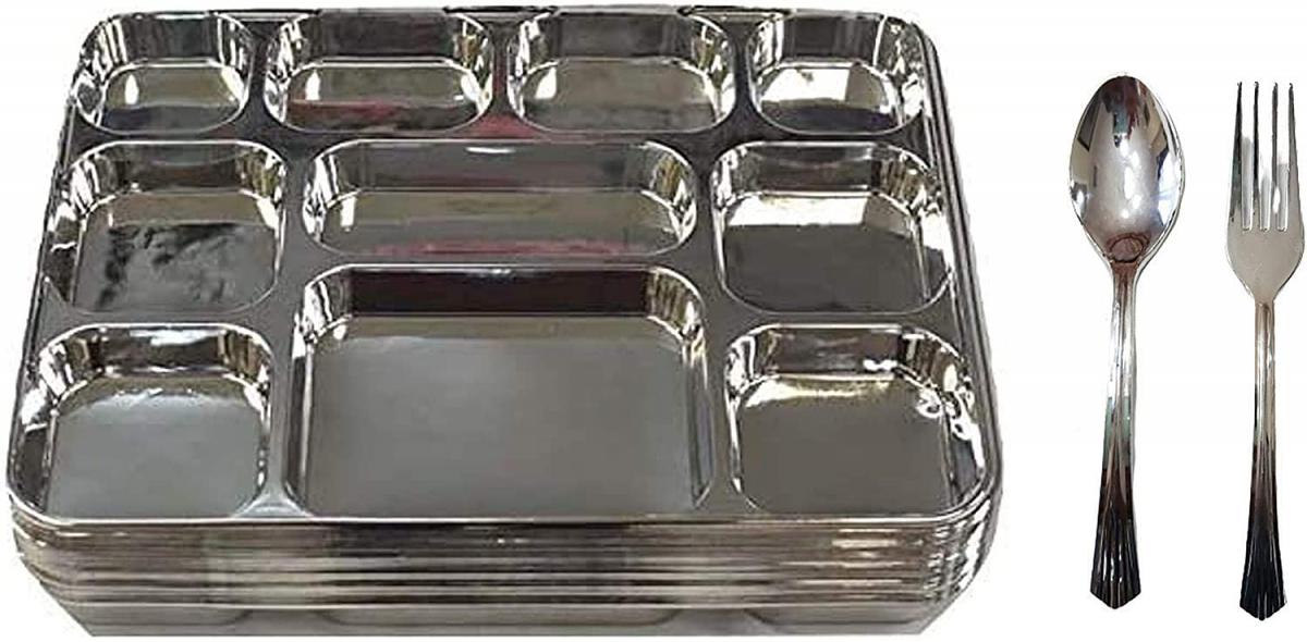 200 Disposable Plates 10 Compartment Silver Thali Plates w/ Fork & Spoon 