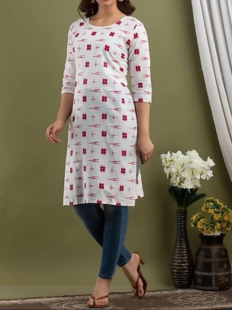 Women Tunic, White Color Red Print Cotton Kurti S- M-L-Xl Size Kurti Women Tunic, White Color Red Print Cotton Kurti S- M-L-Xl Size Kurti